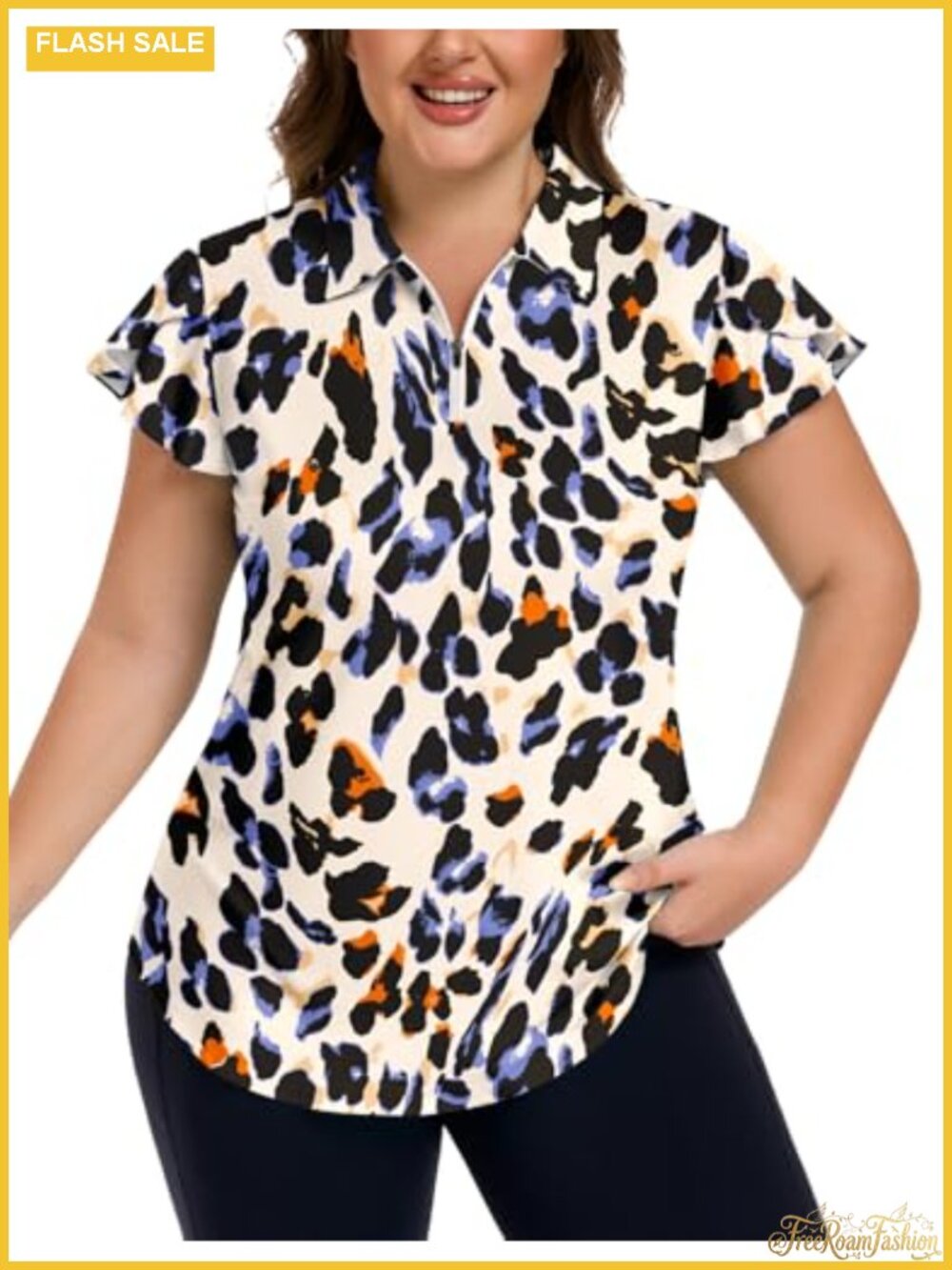 Women's Plus Size Ruffle Sleeve Golf Polo Shirt Quarter Zip V-Neck Loose Fit